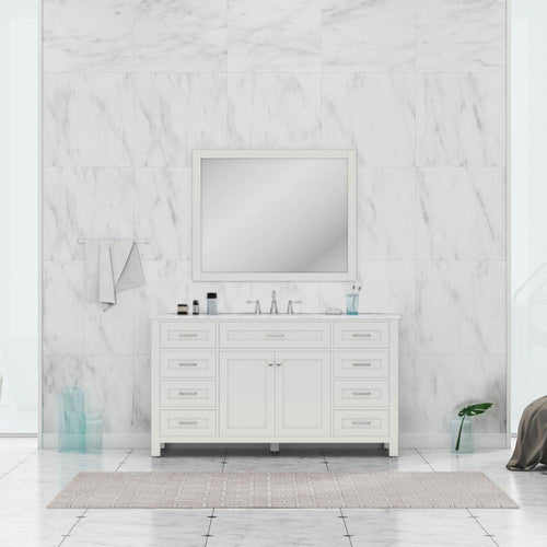 Alya Bath Norwalk 60" Single White Freestanding  Bathroom Vanity With Carrara Marble Top, Ceramic Sink with Wall Mounted Mirror - HE-101-60S-W-CWMT + AT-48-M-W