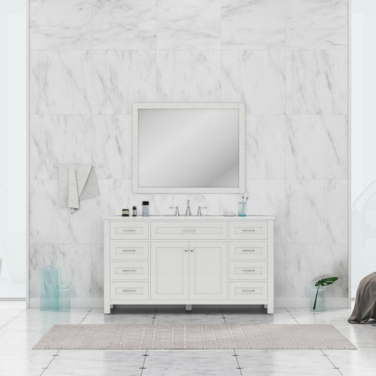 Alya Bath Norwalk 60" Single White Freestanding  Bathroom Vanity With Carrara Marble Top, Ceramic Sink with Wall Mounted Mirror - HE-101-60S-W-CWMT + AT-48-M-W