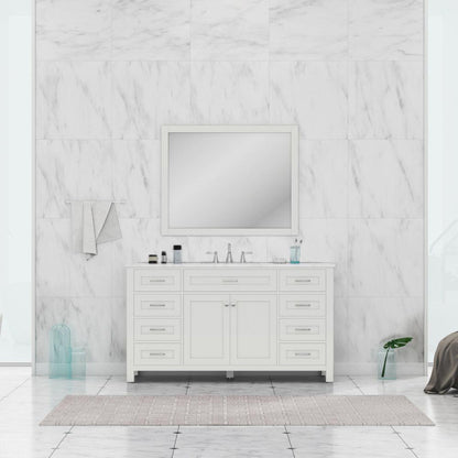 Alya Bath Norwalk 60" Single White Freestanding  Bathroom Vanity With Carrara Marble Top, Ceramic Sink with Wall Mounted Mirror - HE-101-60S-W-CWMT + AT-48-M-W