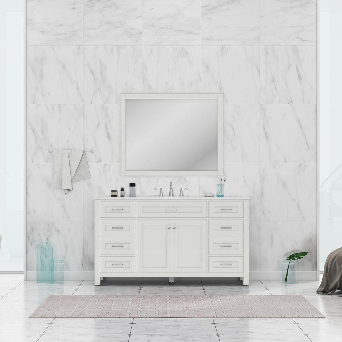 Alya Bath Norwalk 60" Single White Freestanding  Bathroom Vanity With Carrara Marble Top, Ceramic Sink with Wall Mounted Mirror - HE-101-60S-W-CWMT + AT-48-M-W