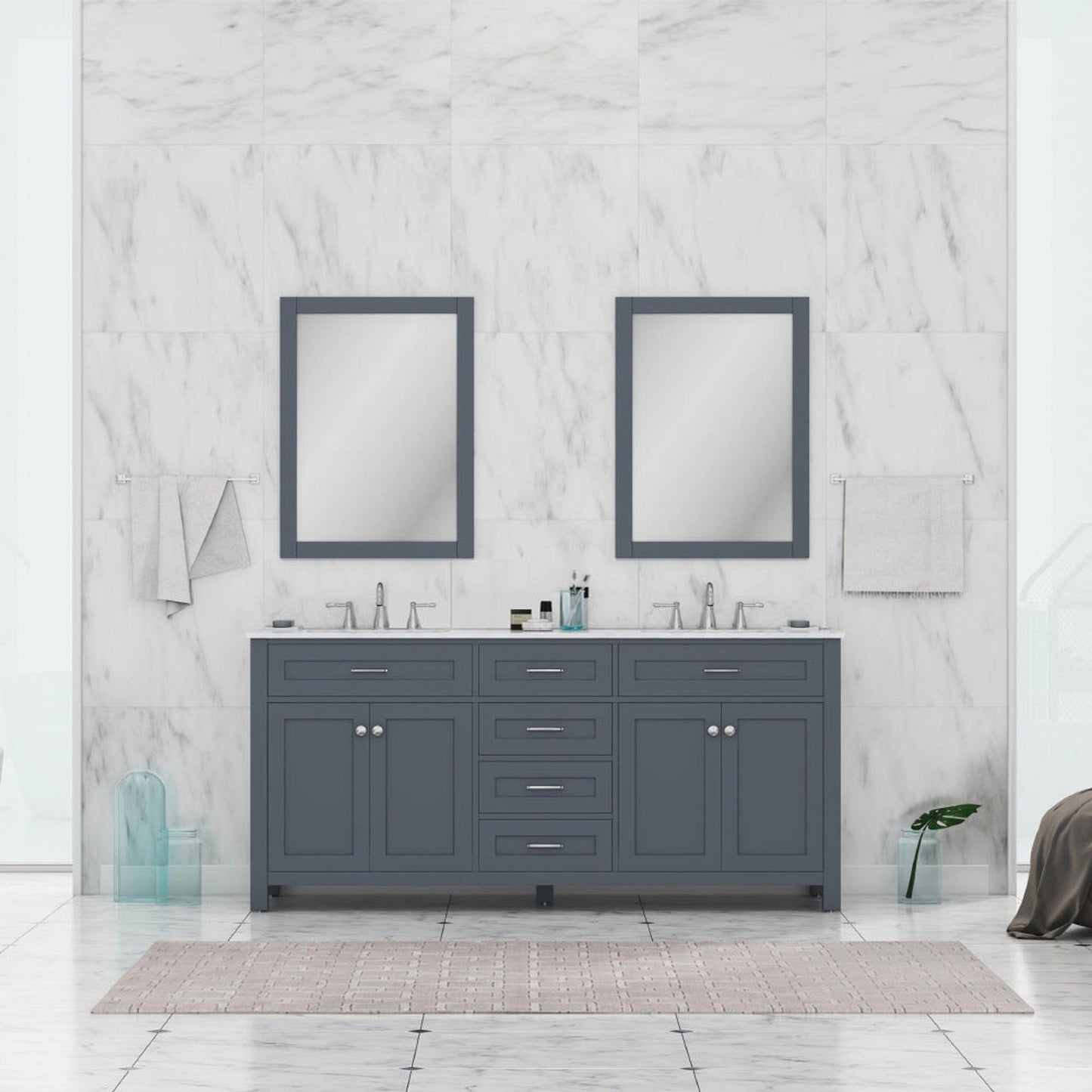Alya Bath Norwalk 72" Double Gray Freestanding Bathroom Vanity With Carrara Marble Top, Ceramic Sink and Two Mirrors - HE-101-72D-G-CWMT + 2x HE-101/102-30-G-M