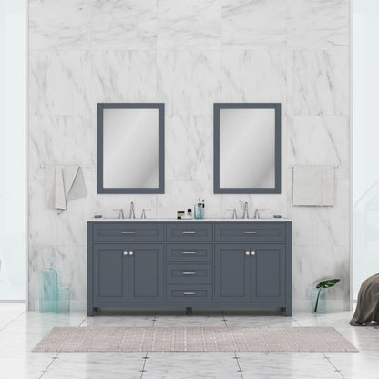 Alya Bath Norwalk 72" Double Gray Freestanding Bathroom Vanity With Carrara Marble Top, Ceramic Sink and Two Mirrors - HE-101-72D-G-CWMT + 2x HE-101/102-30-G-M