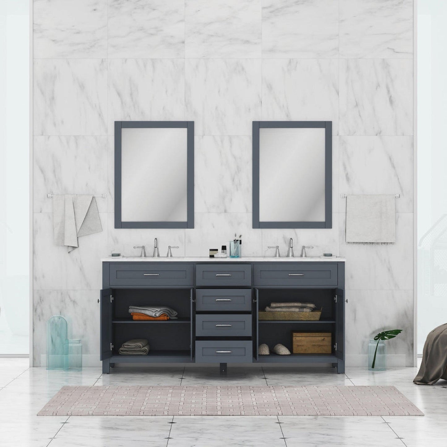 Alya Bath Norwalk 72" Double Gray Freestanding Bathroom Vanity With Carrara Marble Top, Ceramic Sink and Two Mirrors - HE-101-72D-G-CWMT + 2x HE-101/102-30-G-M