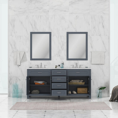 Alya Bath Norwalk 72" Double Gray Freestanding Bathroom Vanity With Carrara Marble Top, Ceramic Sink and Two Mirrors - HE-101-72D-G-CWMT + 2x HE-101/102-30-G-M