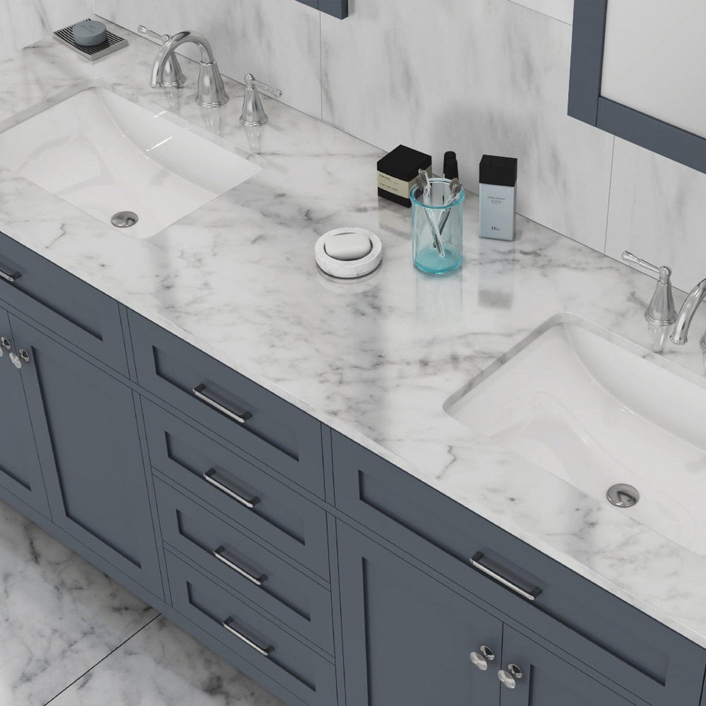 Alya Bath Norwalk 72" Double Gray Freestanding Bathroom Vanity With Carrara Marble Top, Ceramic Sink and Two Mirrors - HE-101-72D-G-CWMT + 2x HE-101/102-30-G-M