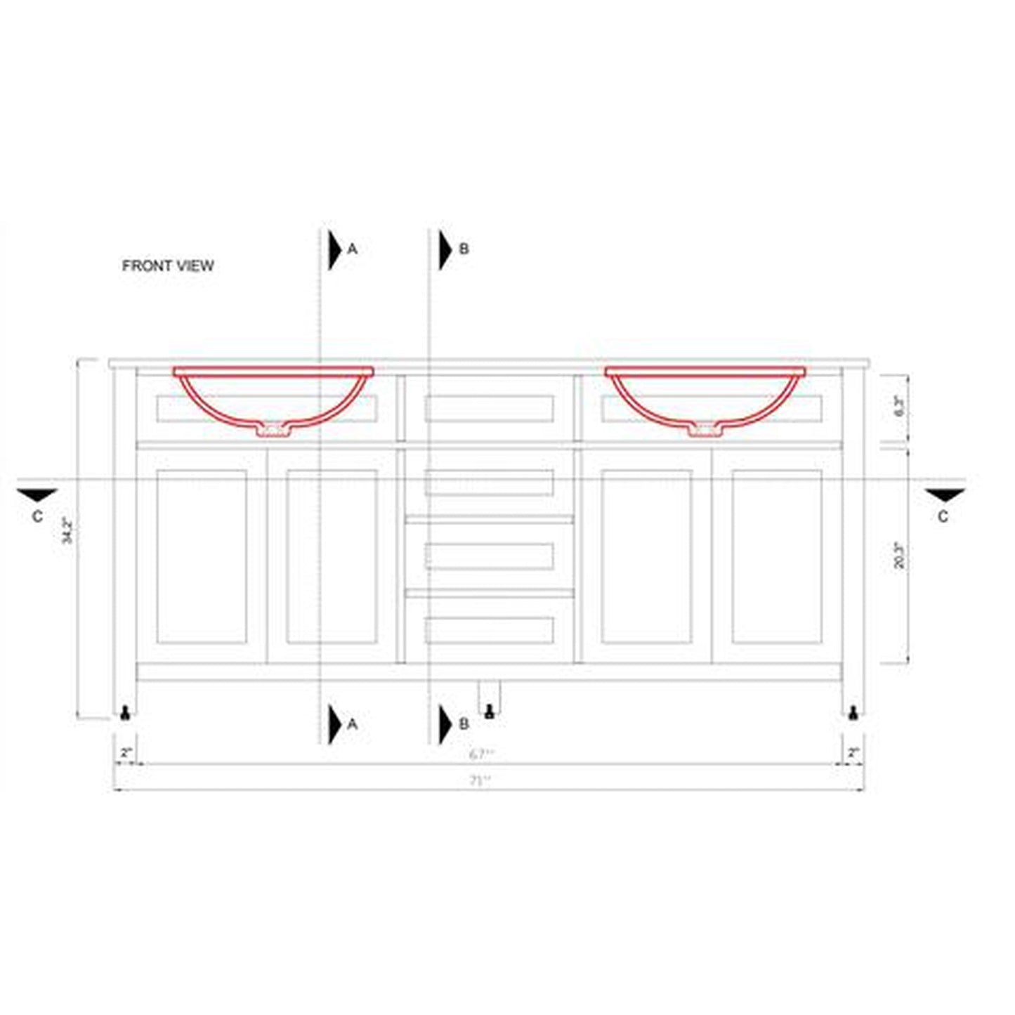 Alya Bath Norwalk 72" Double Gray Freestanding Bathroom Vanity With Carrara Marble Top, Ceramic Sink and Two Mirrors - HE-101-72D-G-CWMT + 2x HE-101/102-30-G-M