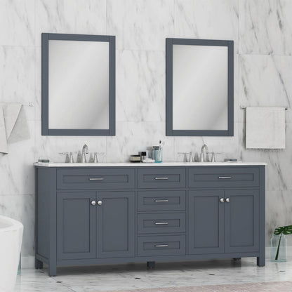 Alya Bath Norwalk 72" Double Gray Freestanding Bathroom Vanity With Carrara Marble Top, Ceramic Sink and Two Mirrors - HE-101-72D-G-CWMT + 2x HE-101/102-30-G-M