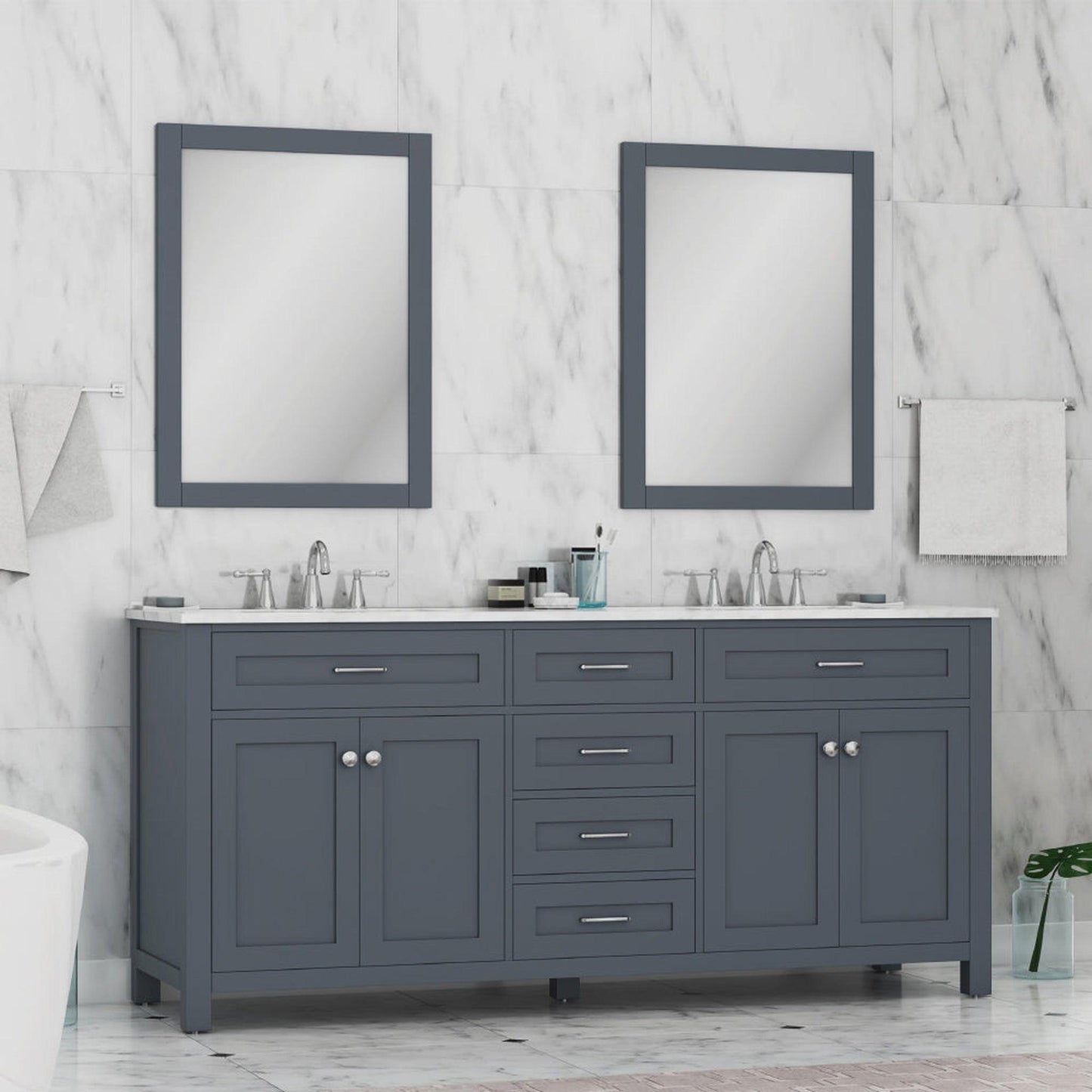 Alya Bath Norwalk 72" Double Gray Freestanding Bathroom Vanity With Carrara Marble Top, Ceramic Sink and Two Mirrors - HE-101-72D-G-CWMT + 2x HE-101/102-30-G-M