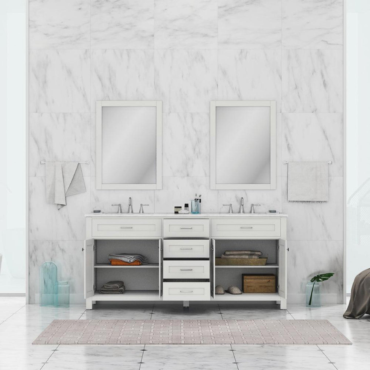 Alya Bath Norwalk 72" Double White Freestanding  Bathroom Vanity With Carrara Marble Top,  - HE-101-72D-W-CWMT + 2x HE-101/102-30-W-MCeramic Sink and Two Mirrors