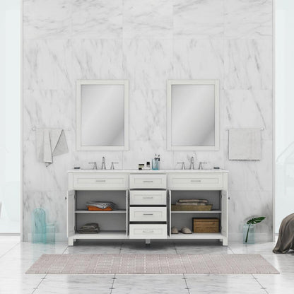 Alya Bath Norwalk 72" Double White Freestanding  Bathroom Vanity With Carrara Marble Top,  - HE-101-72D-W-CWMT + 2x HE-101/102-30-W-MCeramic Sink and Two Mirrors