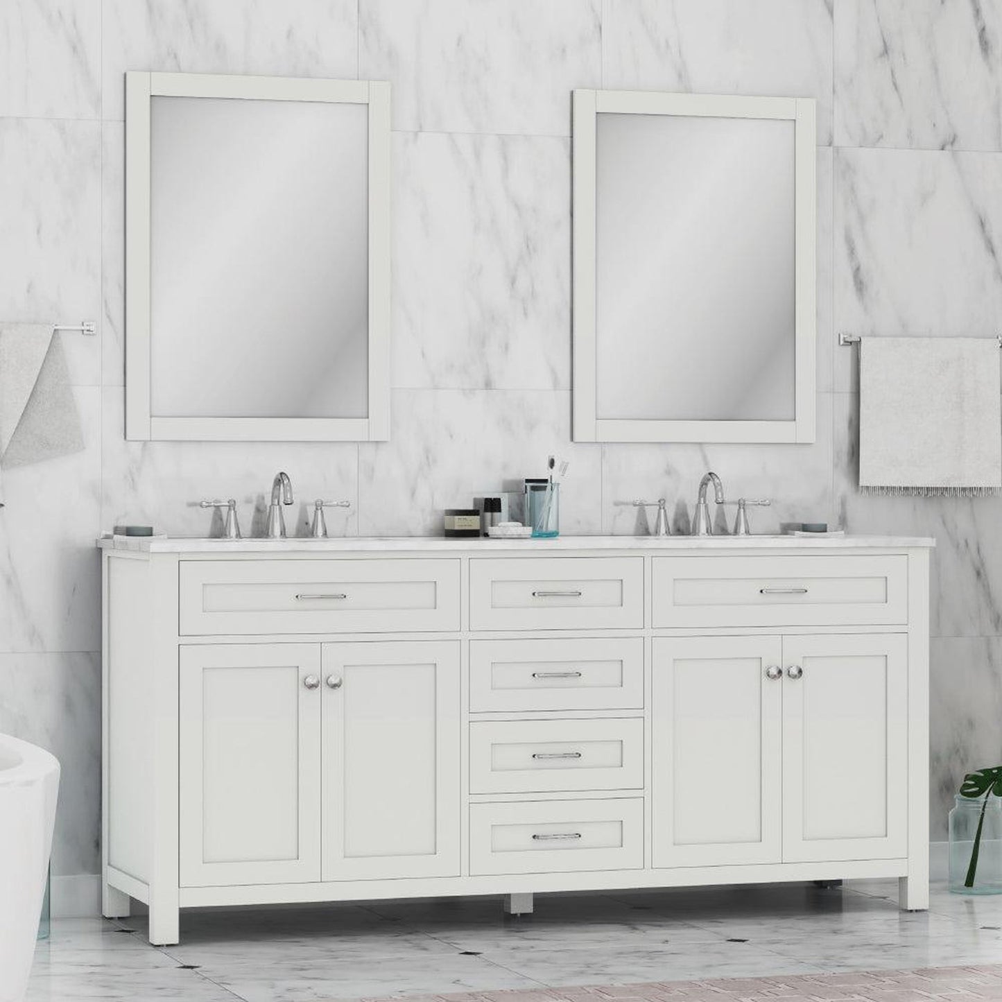 Alya Bath Norwalk 72" Double White Freestanding  Bathroom Vanity With Carrara Marble Top,  - HE-101-72D-W-CWMT + 2x HE-101/102-30-W-MCeramic Sink and Two Mirrors