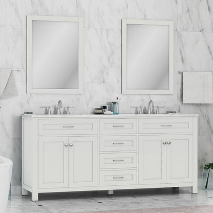 Alya Bath Norwalk 72" Double White Freestanding  Bathroom Vanity With Carrara Marble Top,  - HE-101-72D-W-CWMT + 2x HE-101/102-30-W-MCeramic Sink and Two Mirrors