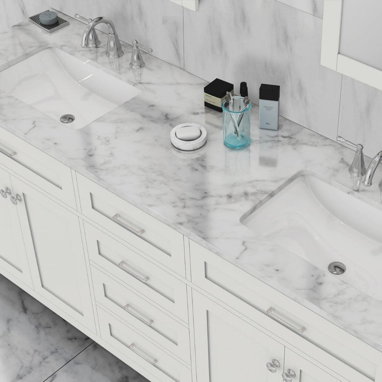 Alya Bath Norwalk 72" Double White Freestanding  Bathroom Vanity With Carrara Marble Top,  - HE-101-72D-W-CWMT + 2x HE-101/102-30-W-MCeramic Sink and Two Mirrors