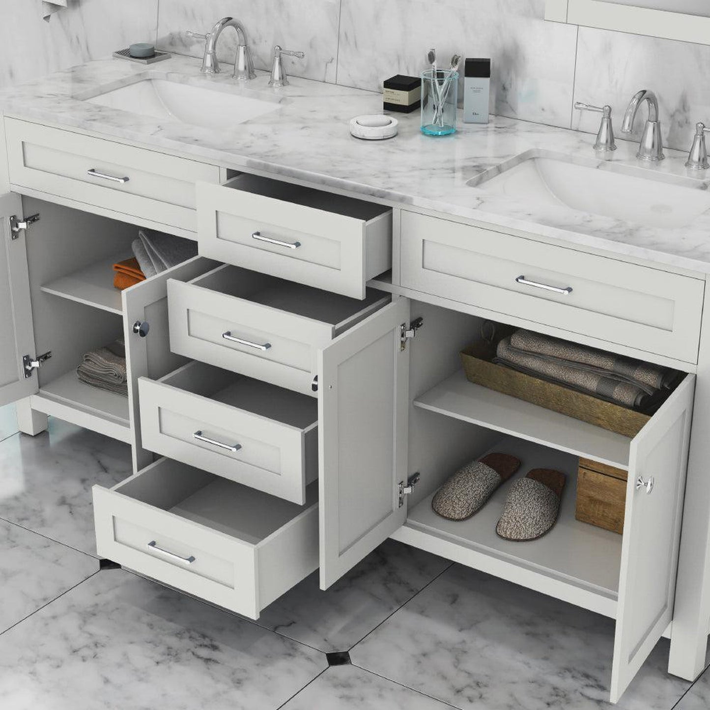 Alya Bath Norwalk 72" Double White Freestanding  Bathroom Vanity With Carrara Marble Top,  - HE-101-72D-W-CWMT + 2x HE-101/102-30-W-MCeramic Sink and Two Mirrors