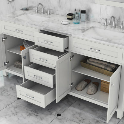 Alya Bath Norwalk 72" Double White Freestanding  Bathroom Vanity With Carrara Marble Top,  - HE-101-72D-W-CWMT + 2x HE-101/102-30-W-MCeramic Sink and Two Mirrors