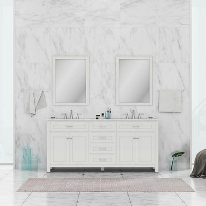 Alya Bath Norwalk 72" Double White Freestanding  Bathroom Vanity With Carrara Marble Top,  - HE-101-72D-W-CWMT + 2x HE-101/102-30-W-MCeramic Sink and Two Mirrors