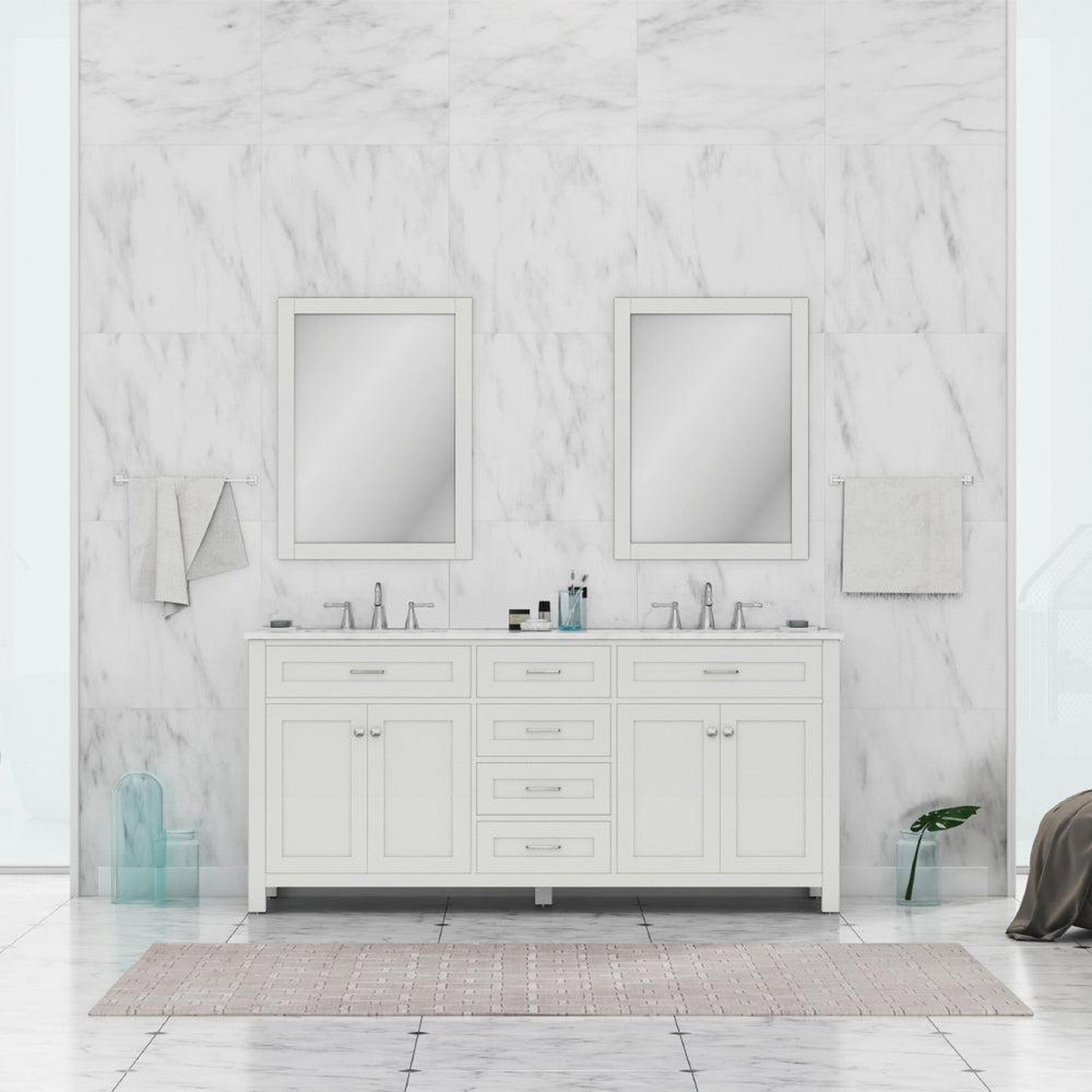 Alya Bath Norwalk 72" Double White Freestanding  Bathroom Vanity With Carrara Marble Top,  - HE-101-72D-W-CWMT + 2x HE-101/102-30-W-MCeramic Sink and Two Mirrors