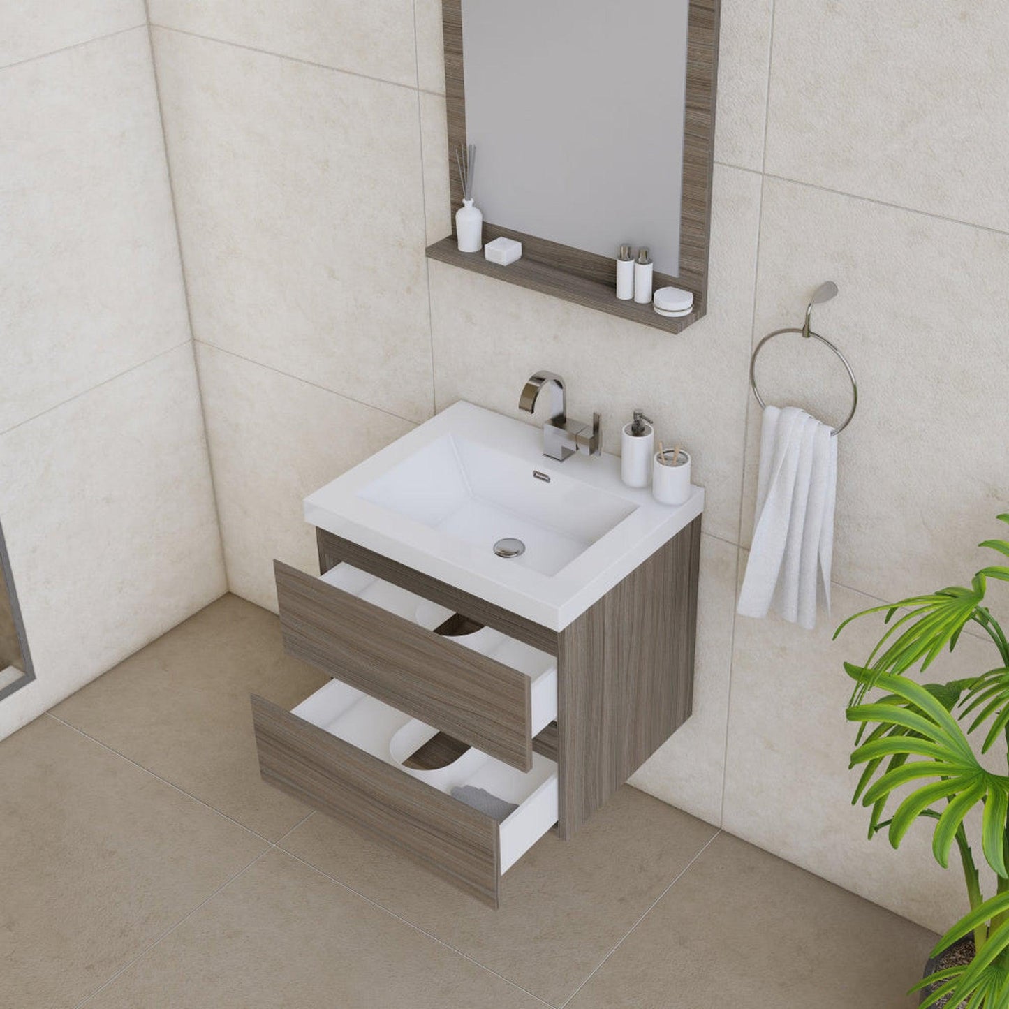 Alya Bath Paterno 24" Single Gray Modern Wall Mounted  Bathroom Vanity With Acrylic Top and Integrated Sink - AB-MOF24-G