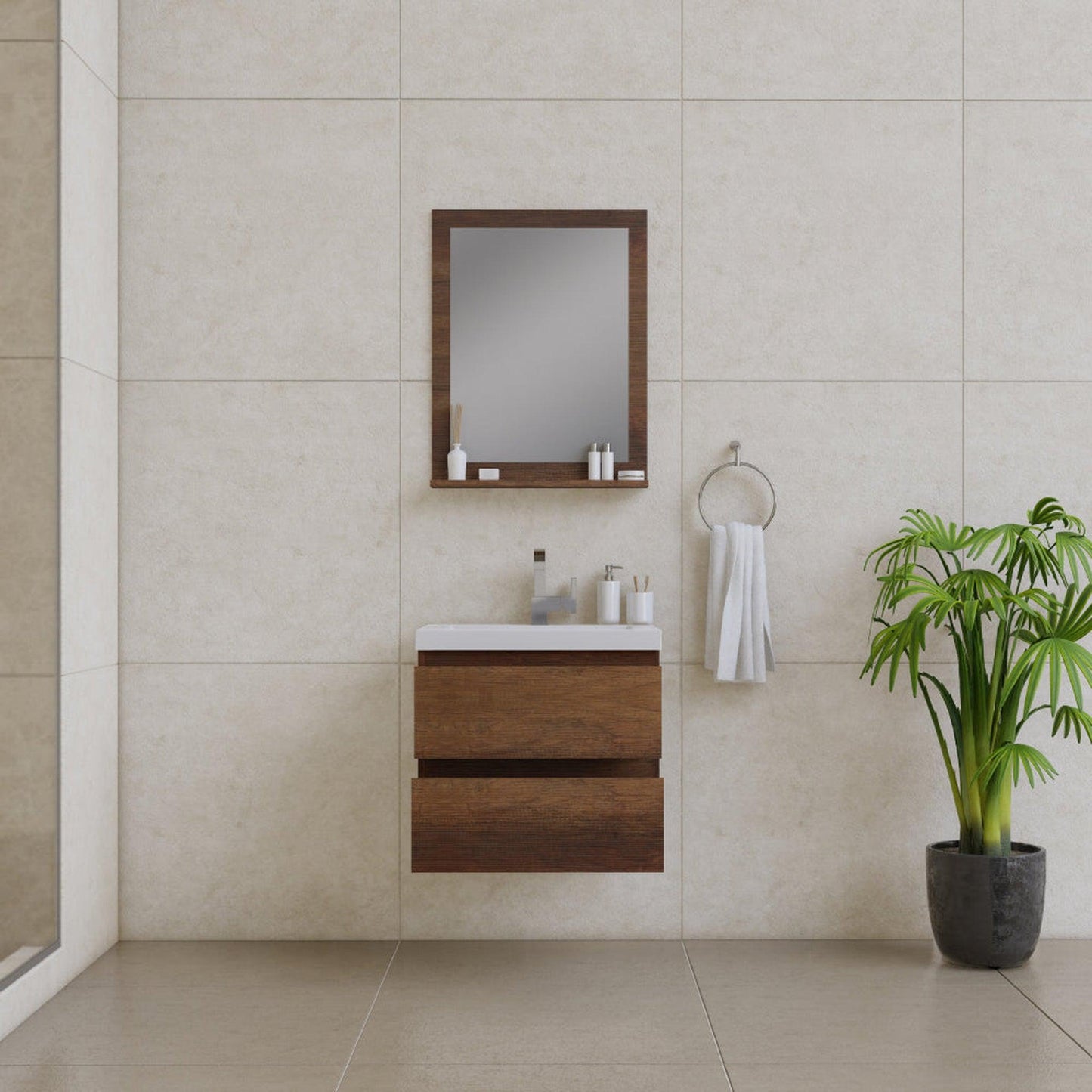 Alya Bath Paterno 24" Single Rosewood Modern Wall Mounted  Bathroom Vanity With Acrylic Top and Integrated Sink - AB-MOF24-RW