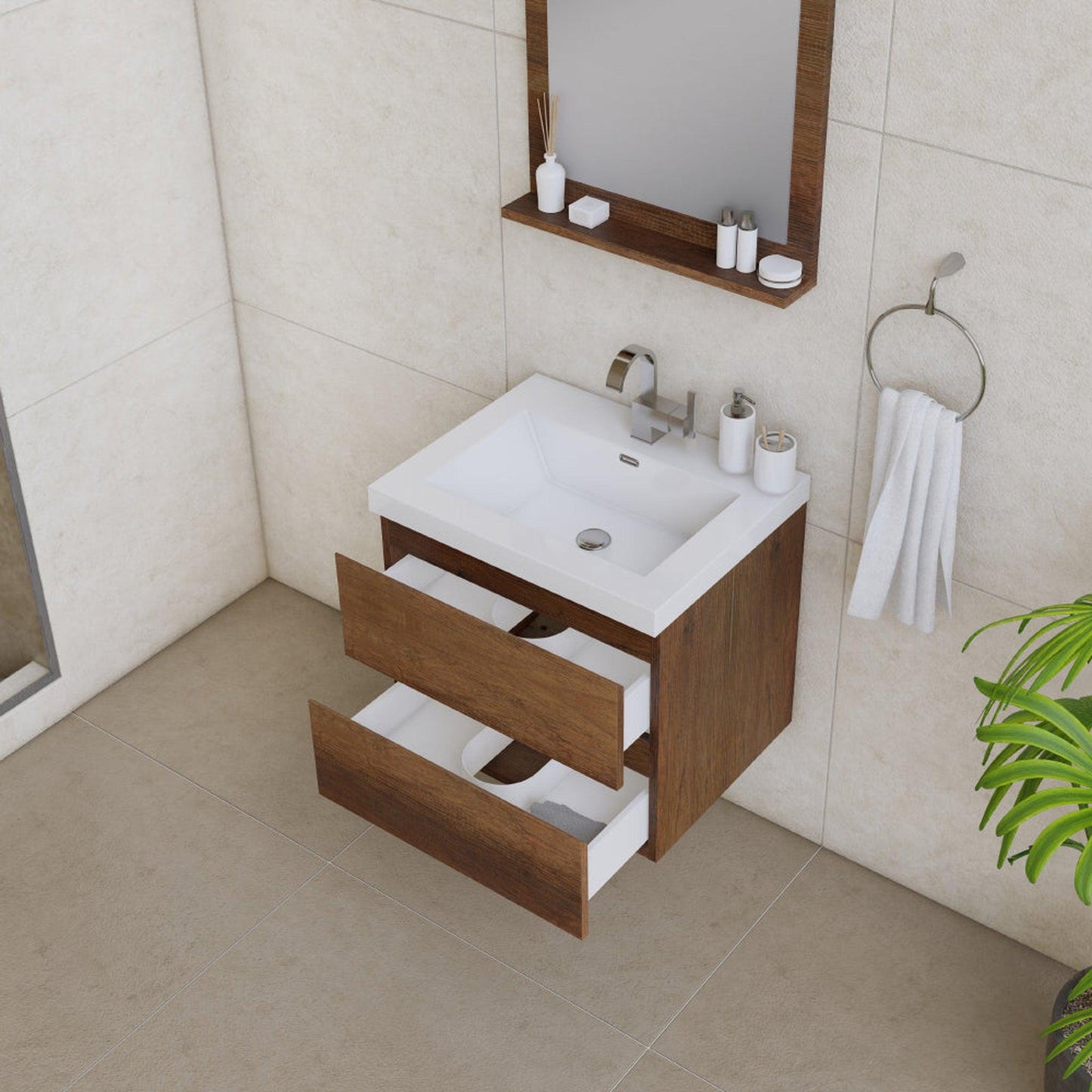 Alya Bath Paterno 24" Single Rosewood Modern Wall Mounted  Bathroom Vanity With Acrylic Top and Integrated Sink - AB-MOF24-RW