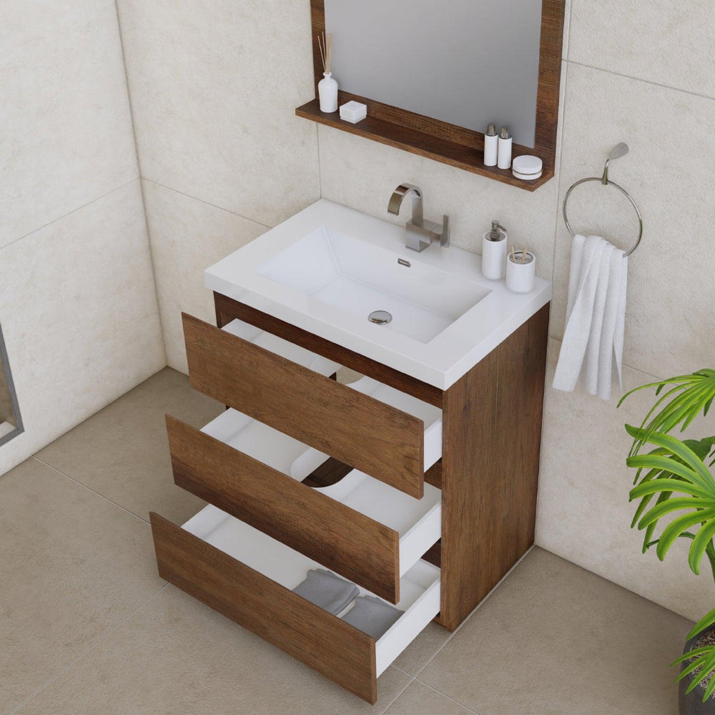 Alya Bath Paterno 30" Single Rosewood  Modern Freestanding  Bathroom Vanity With Acrylic Top and Integrated Sink - AB-MOA30-RW