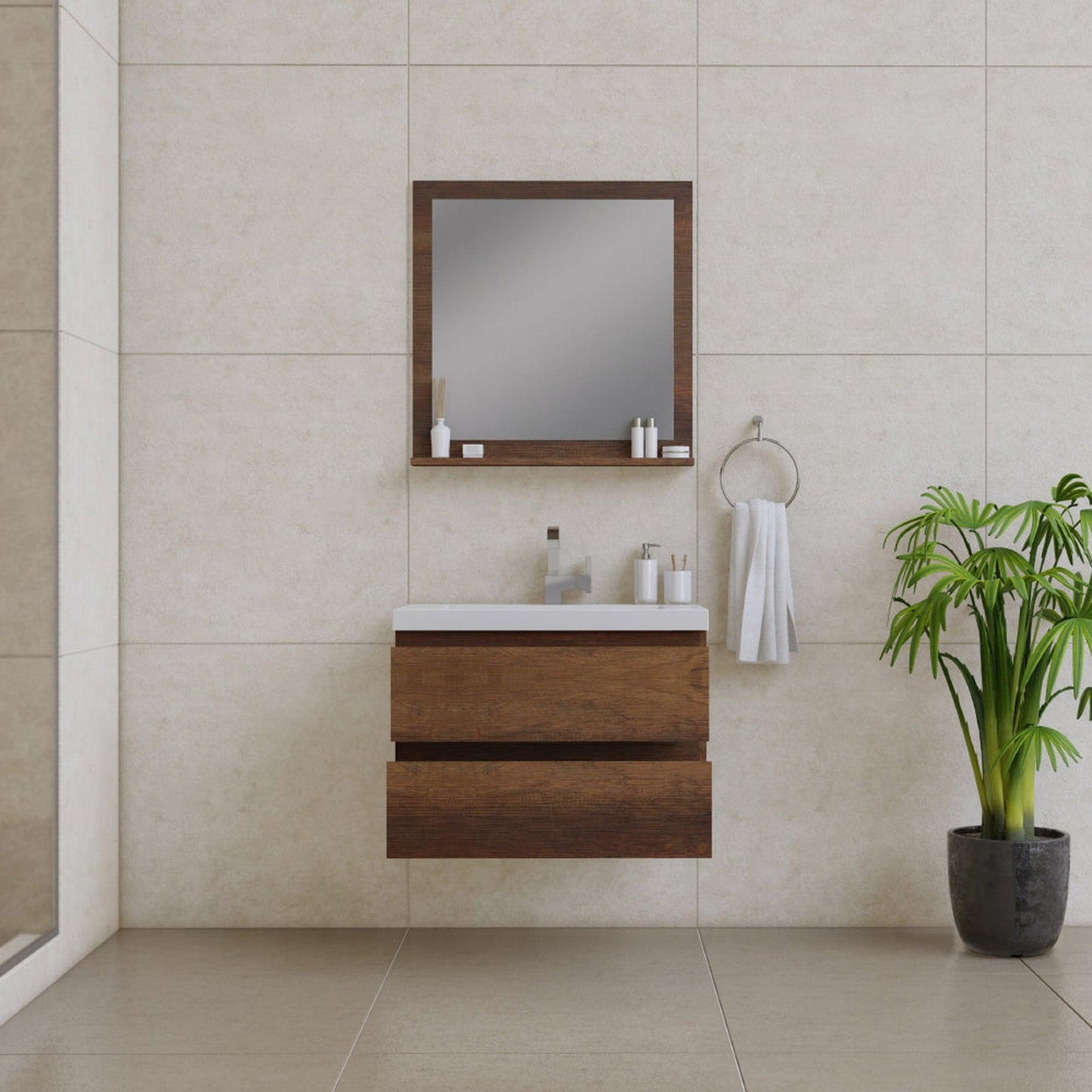 Alya Bath Paterno 30" Single Rosewood Modern Wall Mounted  Bathroom Vanity With Acrylic Top and Integrated Sink - AB-MOF30-RW