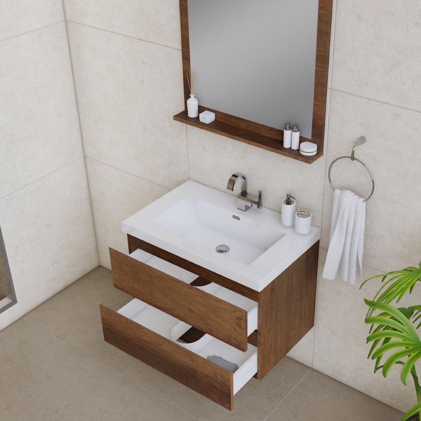 Alya Bath Paterno 30" Single Rosewood Modern Wall Mounted  Bathroom Vanity With Acrylic Top and Integrated Sink - AB-MOF30-RW
