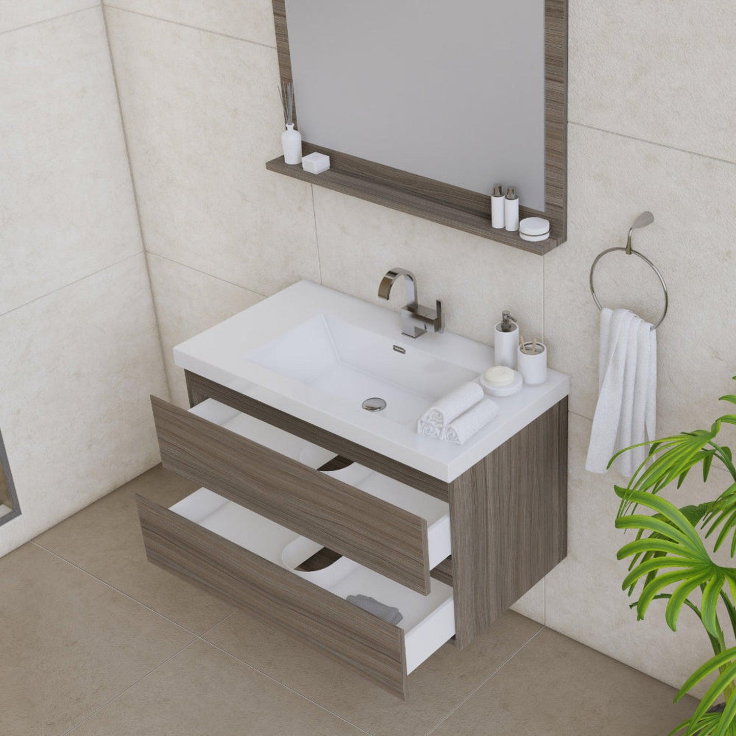 Alya Bath Paterno 36" Single Gray Modern Wall Mounted  Bathroom Vanity With Acrylic Top and Integrated Sink - AB-MOF36-G