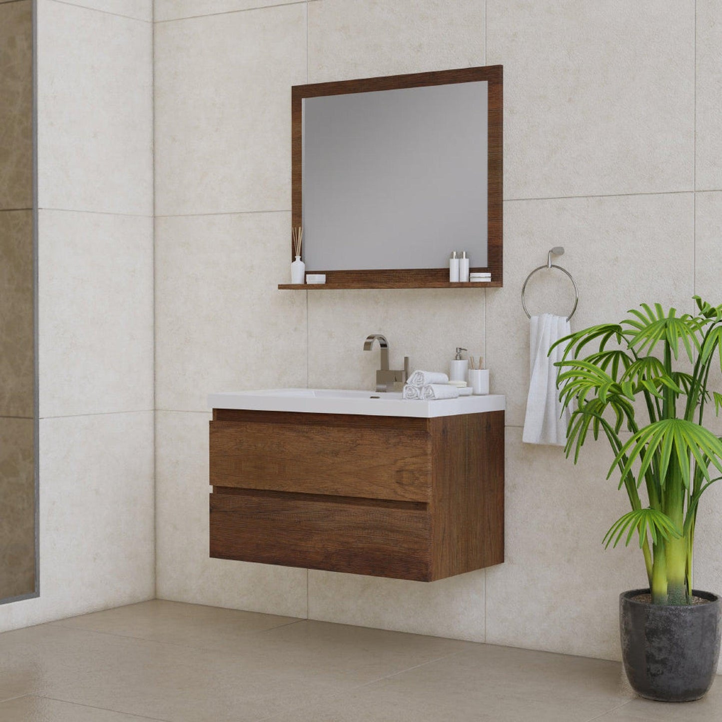 Alya Bath Paterno 36" Single Rosewood Modern Wall Mounted Bathroom Vanity With Acrylic Top and Integrated Sink - AB-MOF36-RW