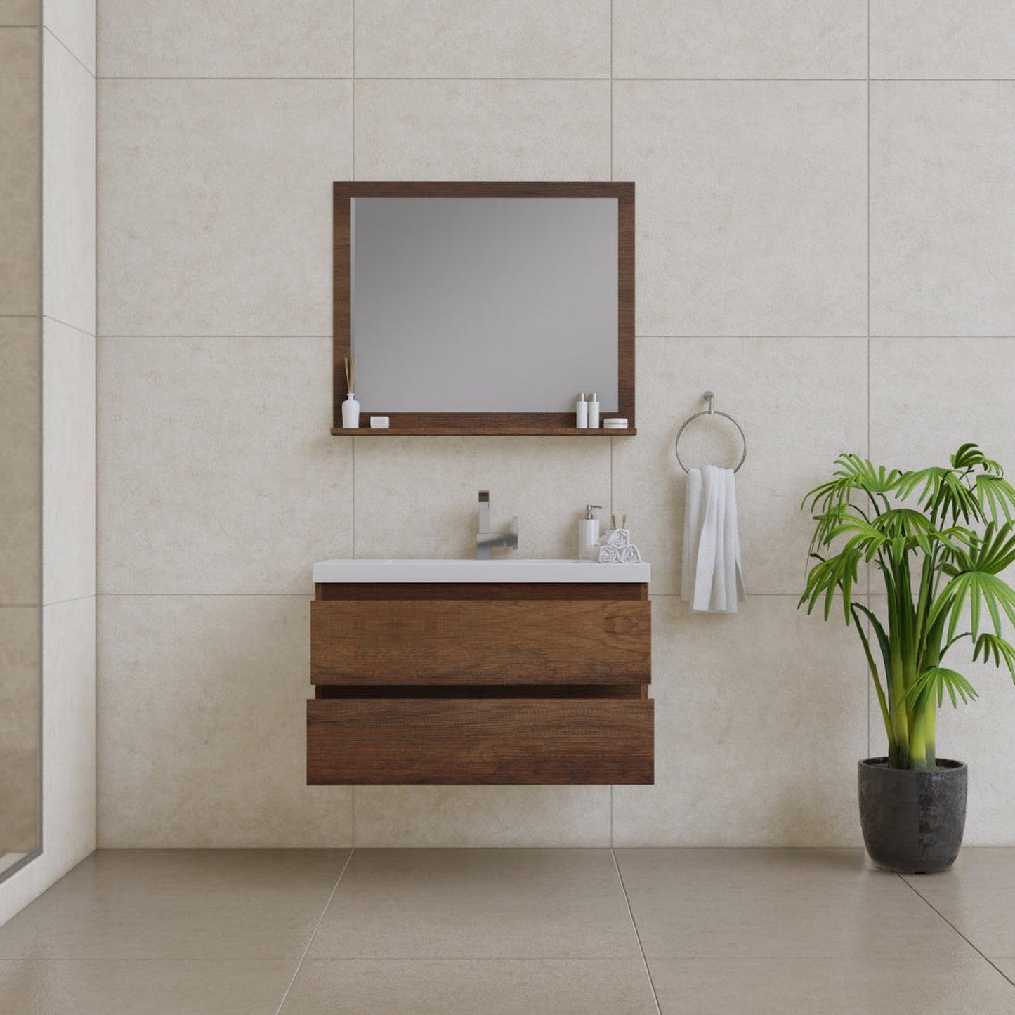 Alya Bath Paterno 36" Single Rosewood Modern Wall Mounted Bathroom Vanity With Acrylic Top and Integrated Sink - AB-MOF36-RW