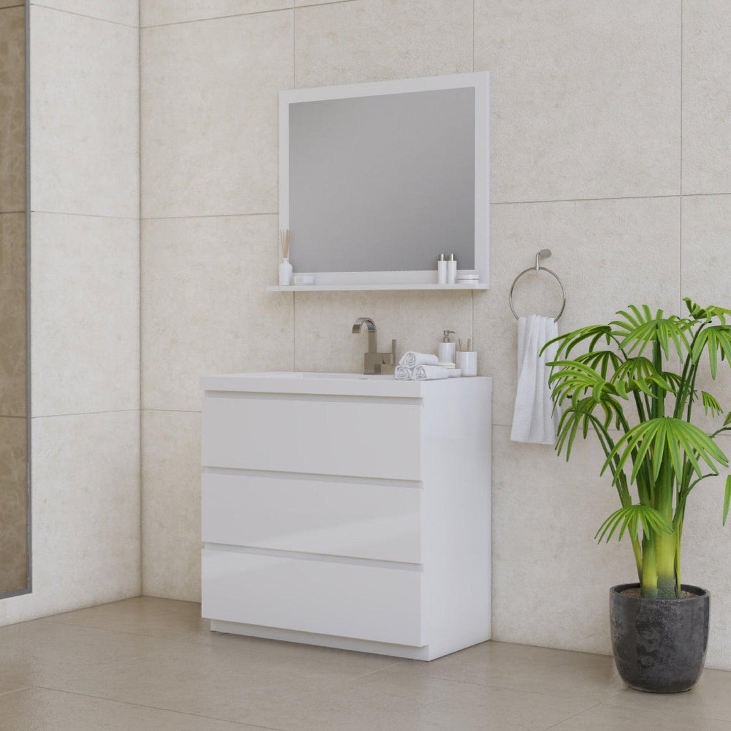 Alya Bath Paterno 36" Single White Modern Freestanding  Bathroom Vanity With Acrylic Top and Integrated Sink - AB-MOA36-W