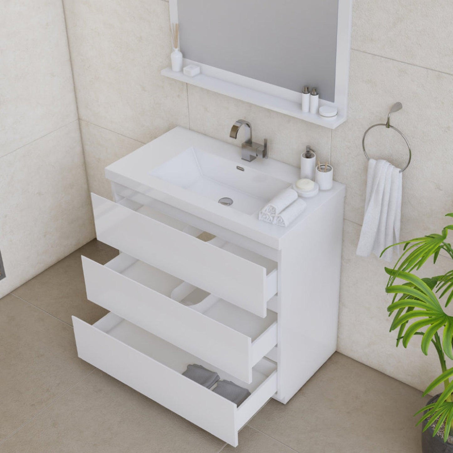 Alya Bath Paterno 36" Single White Modern Freestanding  Bathroom Vanity With Acrylic Top and Integrated Sink - AB-MOA36-W