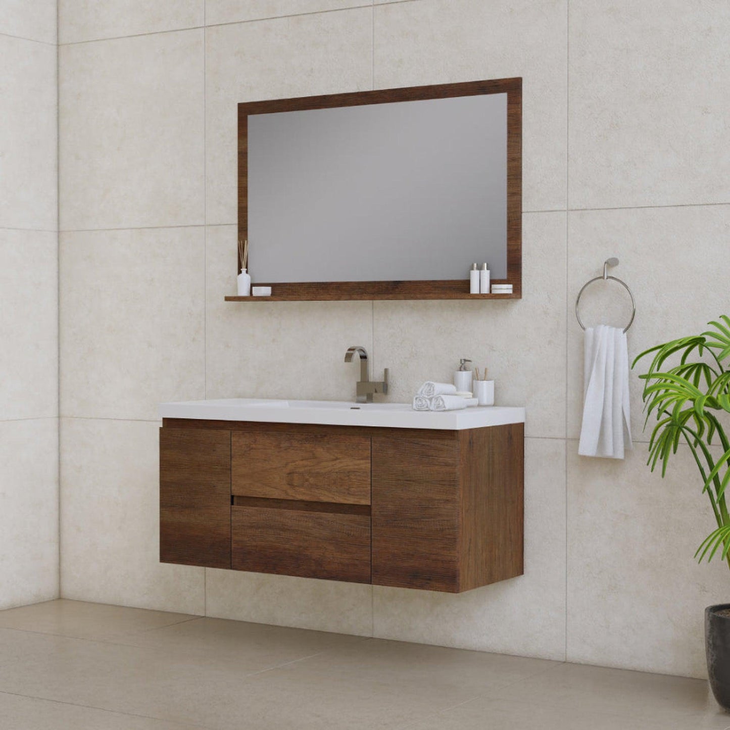 Alya Bath Paterno 48" Single Rosewood Modern Wall Mounted Bathroom Vanity With Acrylic Top and Integrated Sink - AB-MOF48-RW