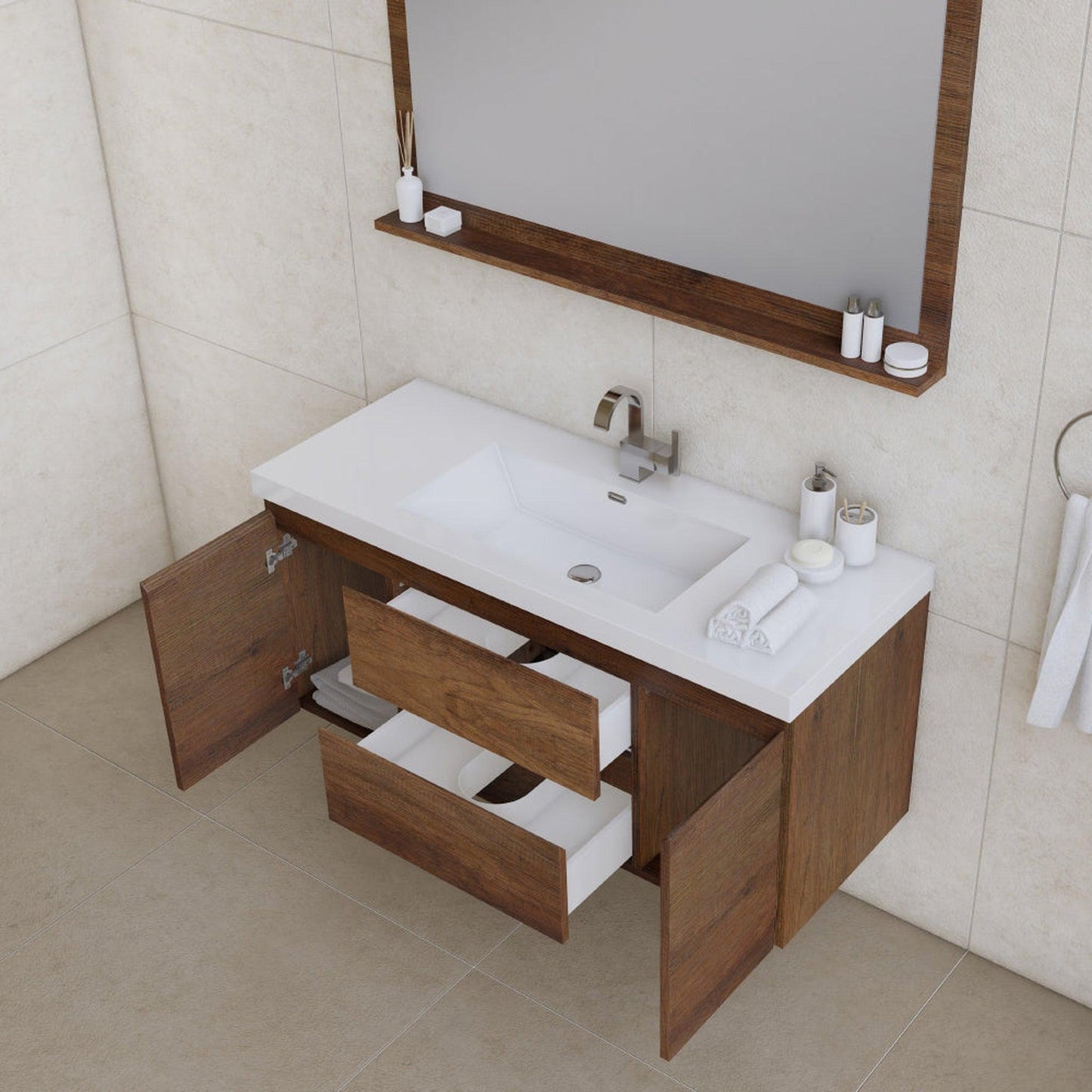 Alya Bath Paterno 48" Single Rosewood Modern Wall Mounted Bathroom Vanity With Acrylic Top and Integrated Sink - AB-MOF48-RW