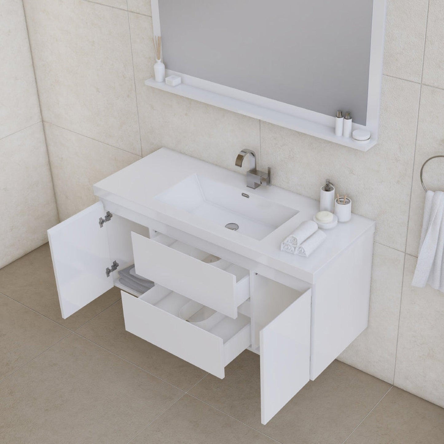 Alya Bath Paterno 48" Single White Modern Wall Mounted Bathroom Vanity With Acrylic Top and Integrated Sink - AB-MOF48-W