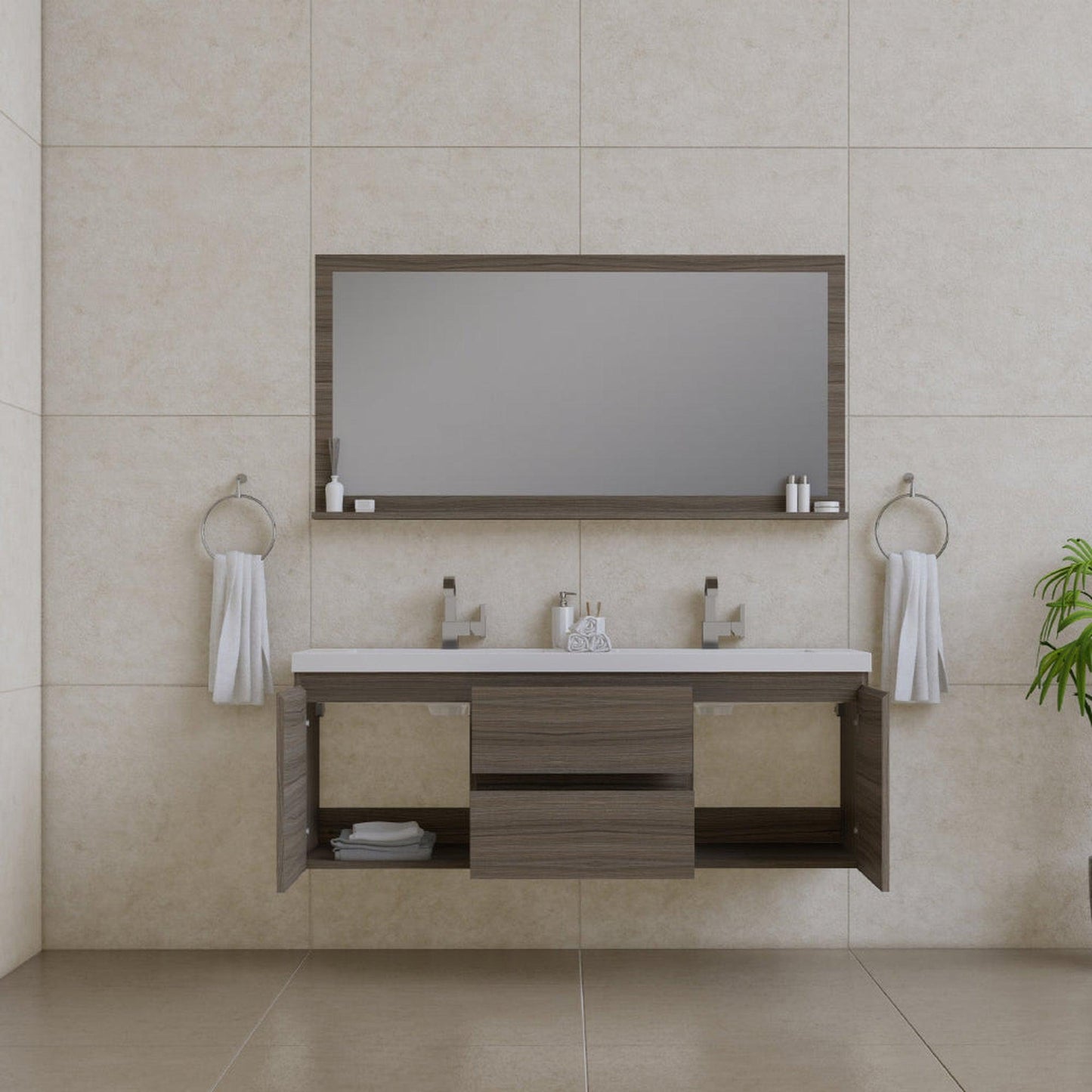 Alya Bath Paterno 60" Double Gray Modern Wall Mounted Bathroom Vanity With Acrylic Top and Integrated Sink - AB-MOF60D-G