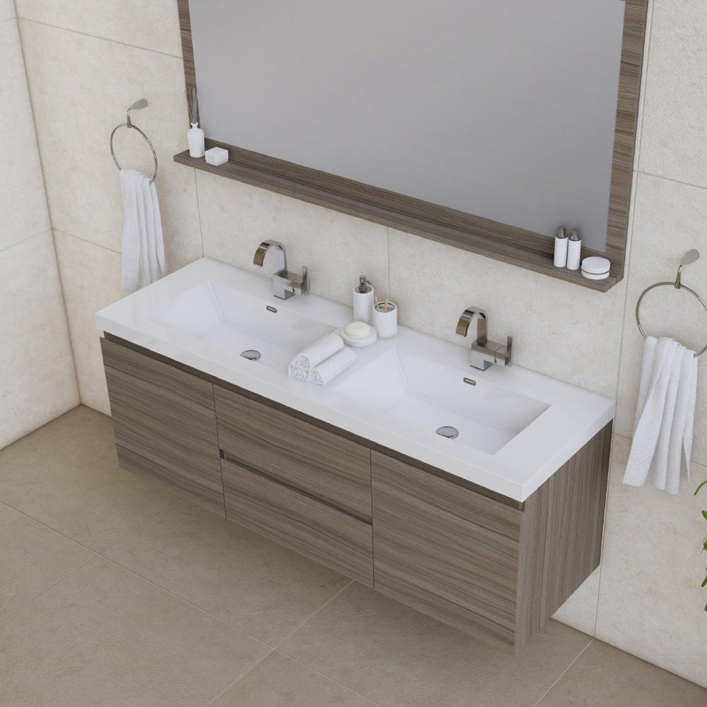 Alya Bath Paterno 60" Double Gray Modern Wall Mounted Bathroom Vanity With Acrylic Top and Integrated Sink - AB-MOF60D-G