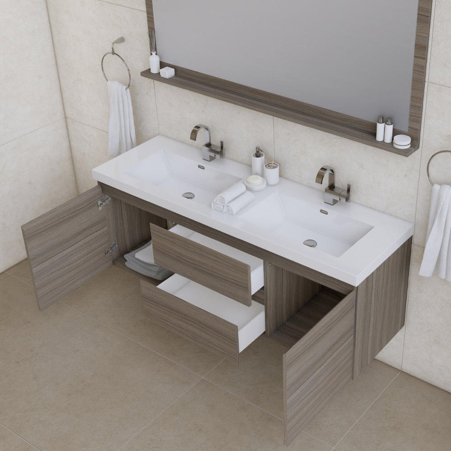 Alya Bath Paterno 60" Double Gray Modern Wall Mounted Bathroom Vanity With Acrylic Top and Integrated Sink - AB-MOF60D-G
