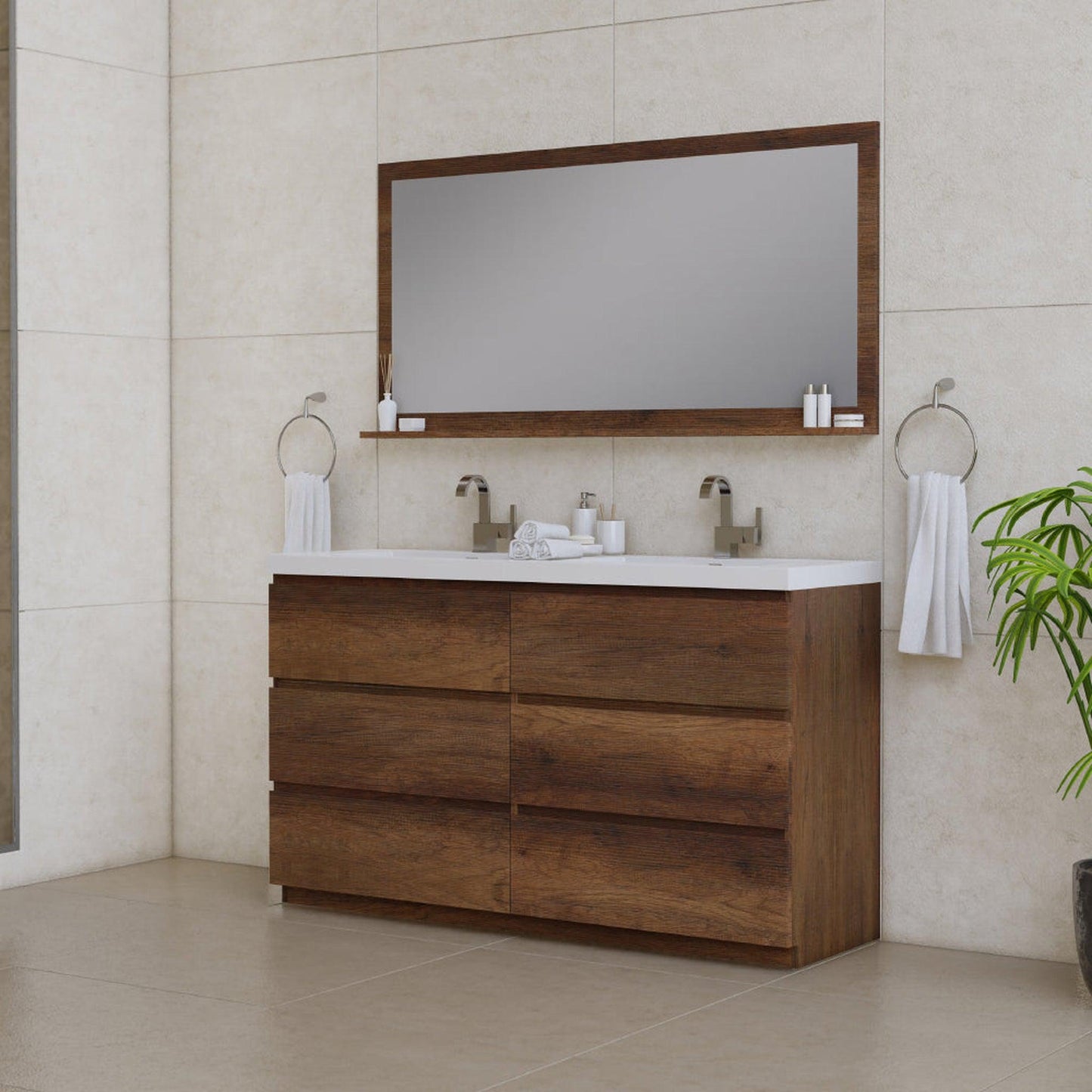 Alya Bath Paterno 60" Double Rosewood  Modern Freestanding  Bathroom Vanity With Acrylic Top and Integrated Sink - AB-MOA60D-RW