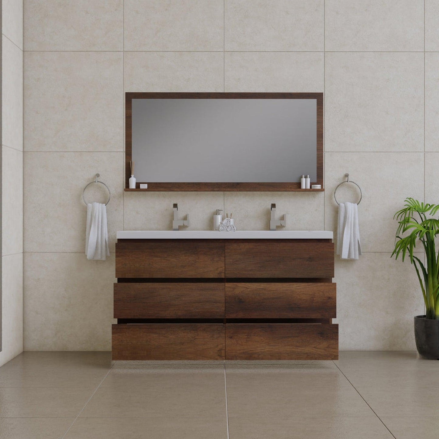 Alya Bath Paterno 60" Double Rosewood  Modern Freestanding  Bathroom Vanity With Acrylic Top and Integrated Sink - AB-MOA60D-RW