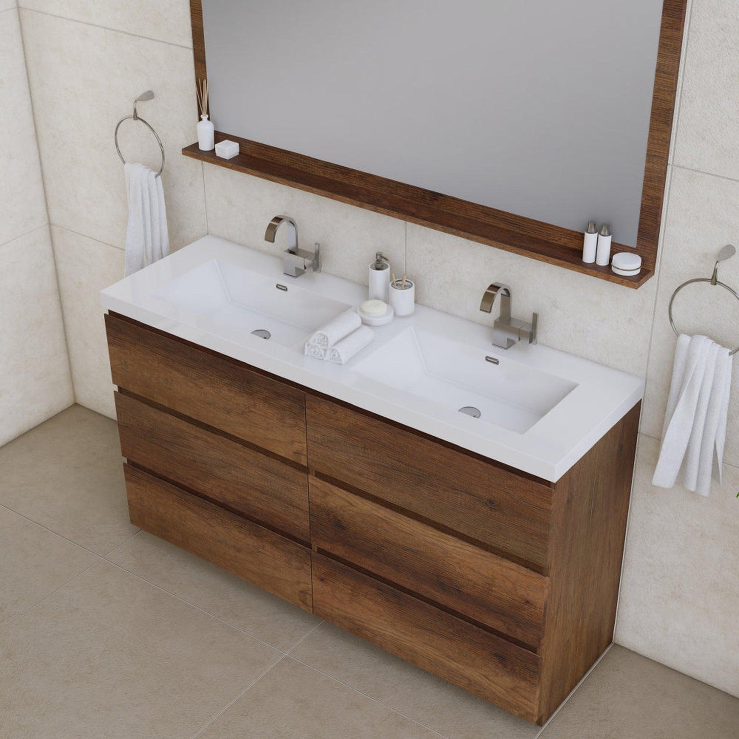 Alya Bath Paterno 60" Double Rosewood  Modern Freestanding  Bathroom Vanity With Acrylic Top and Integrated Sink - AB-MOA60D-RW