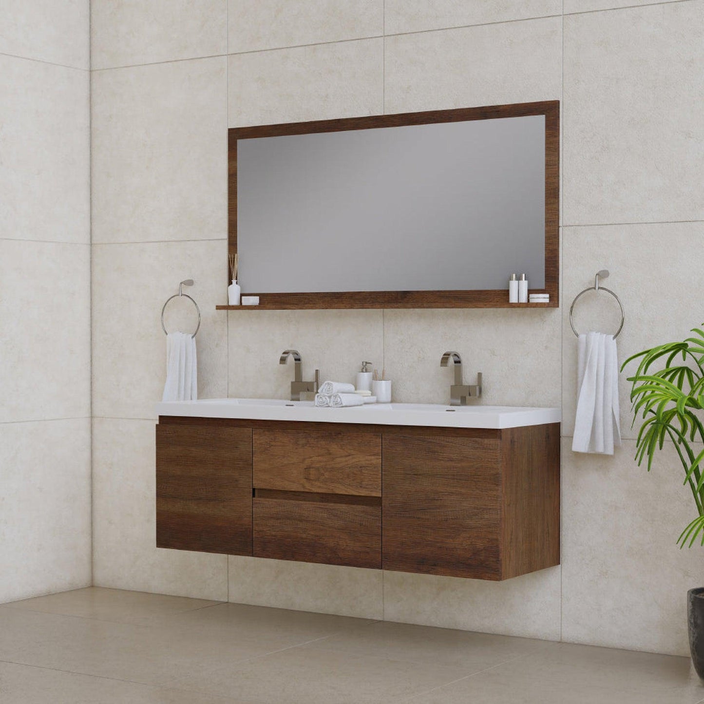 Alya Bath Paterno 60" Double Rosewood Modern Wall Mounted  Bathroom Vanity With Acrylic Top and Integrated Sink - AB-MOF60D-RW