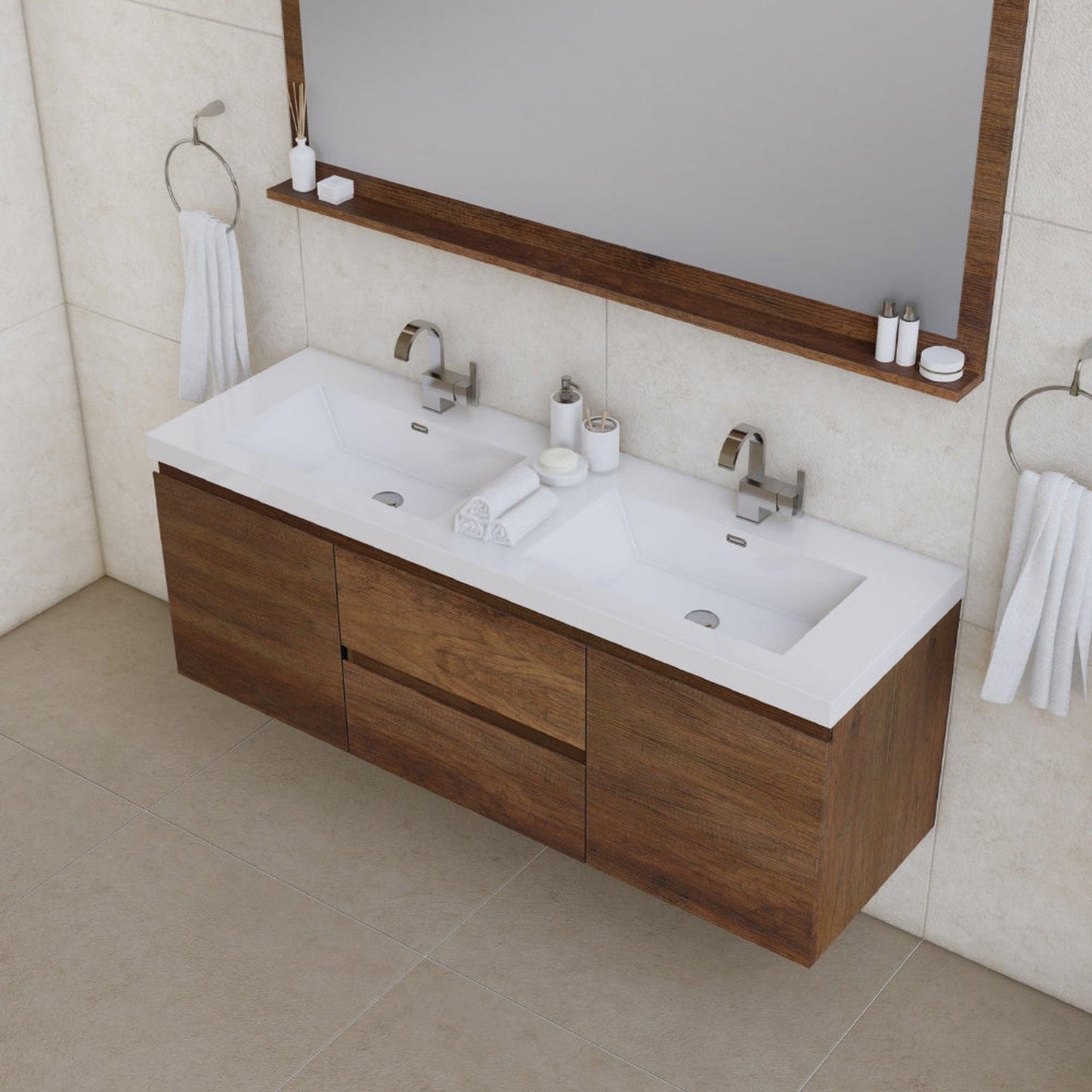 Alya Bath Paterno 60" Double Rosewood Modern Wall Mounted  Bathroom Vanity With Acrylic Top and Integrated Sink - AB-MOF60D-RW