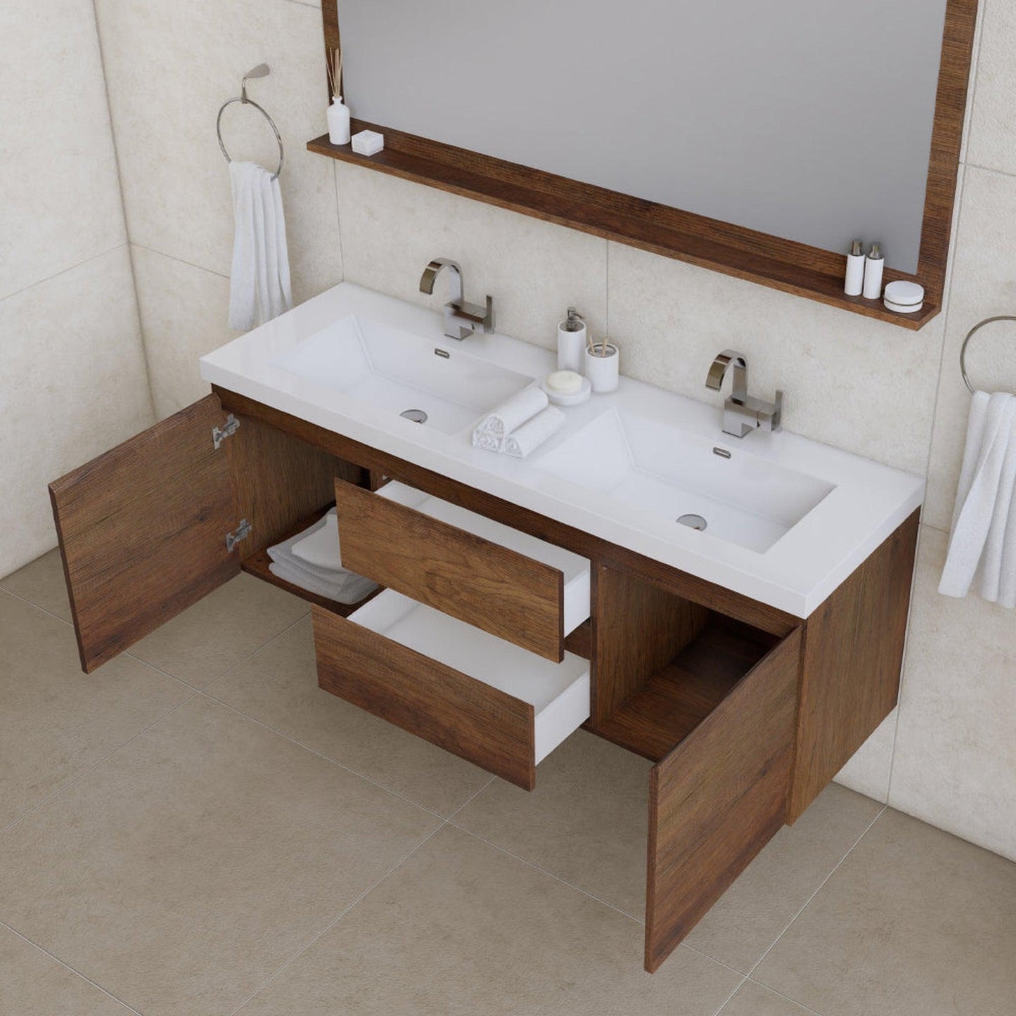 Alya Bath Paterno 60" Double Rosewood Modern Wall Mounted  Bathroom Vanity With Acrylic Top and Integrated Sink - AB-MOF60D-RW