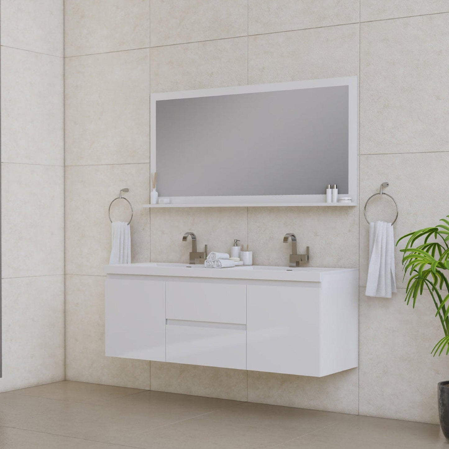 Alya Bath Paterno 60" Double White Modern Wall Mounted  Bathroom Vanity With Acrylic Top and Integrated Sink - AB-MOF60D-W