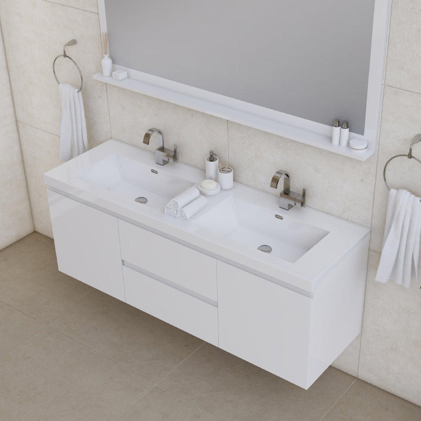 Alya Bath Paterno 60" Double White Modern Wall Mounted  Bathroom Vanity With Acrylic Top and Integrated Sink - AB-MOF60D-W