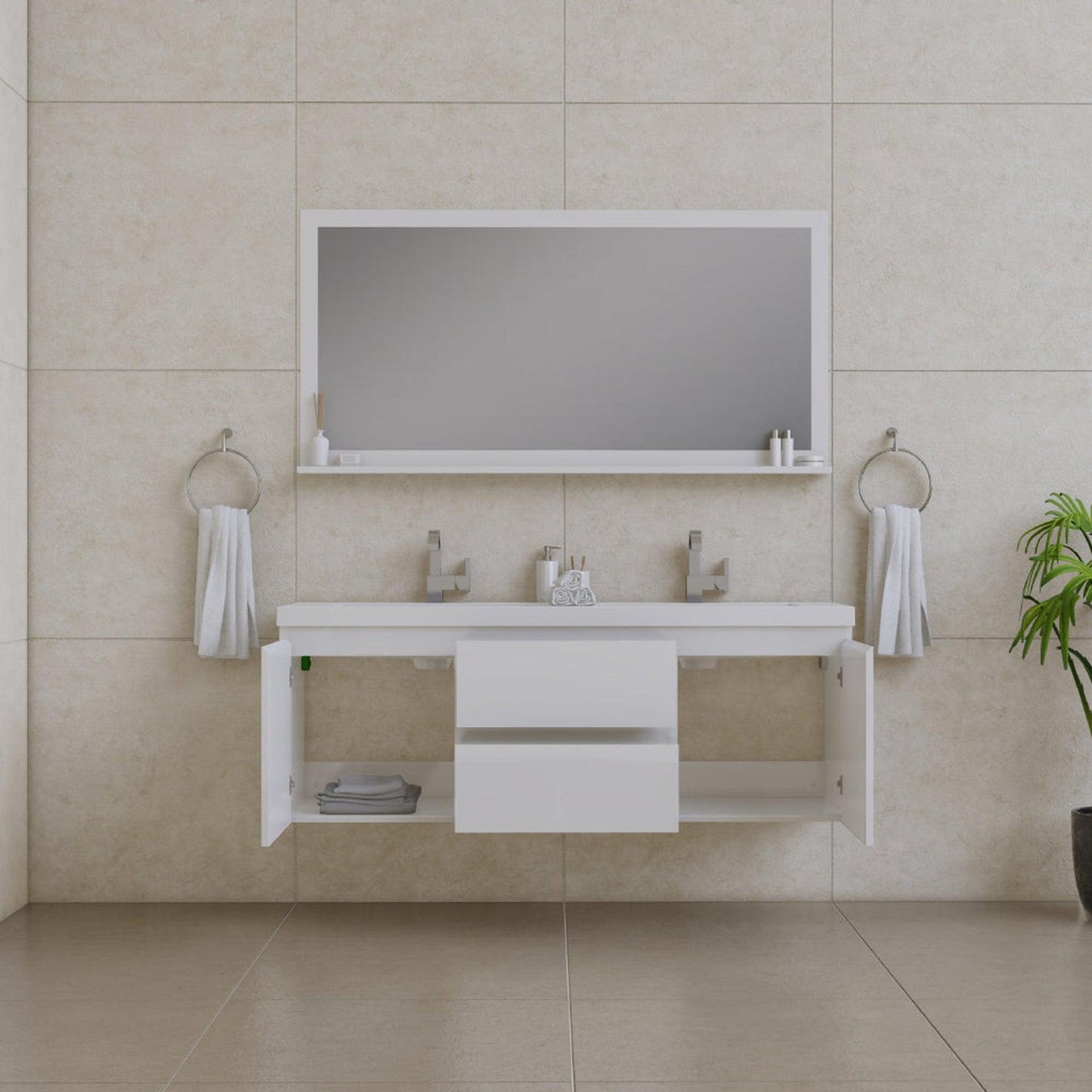 Alya Bath Paterno 60" Double White Modern Wall Mounted  Bathroom Vanity With Acrylic Top and Integrated Sink - AB-MOF60D-W