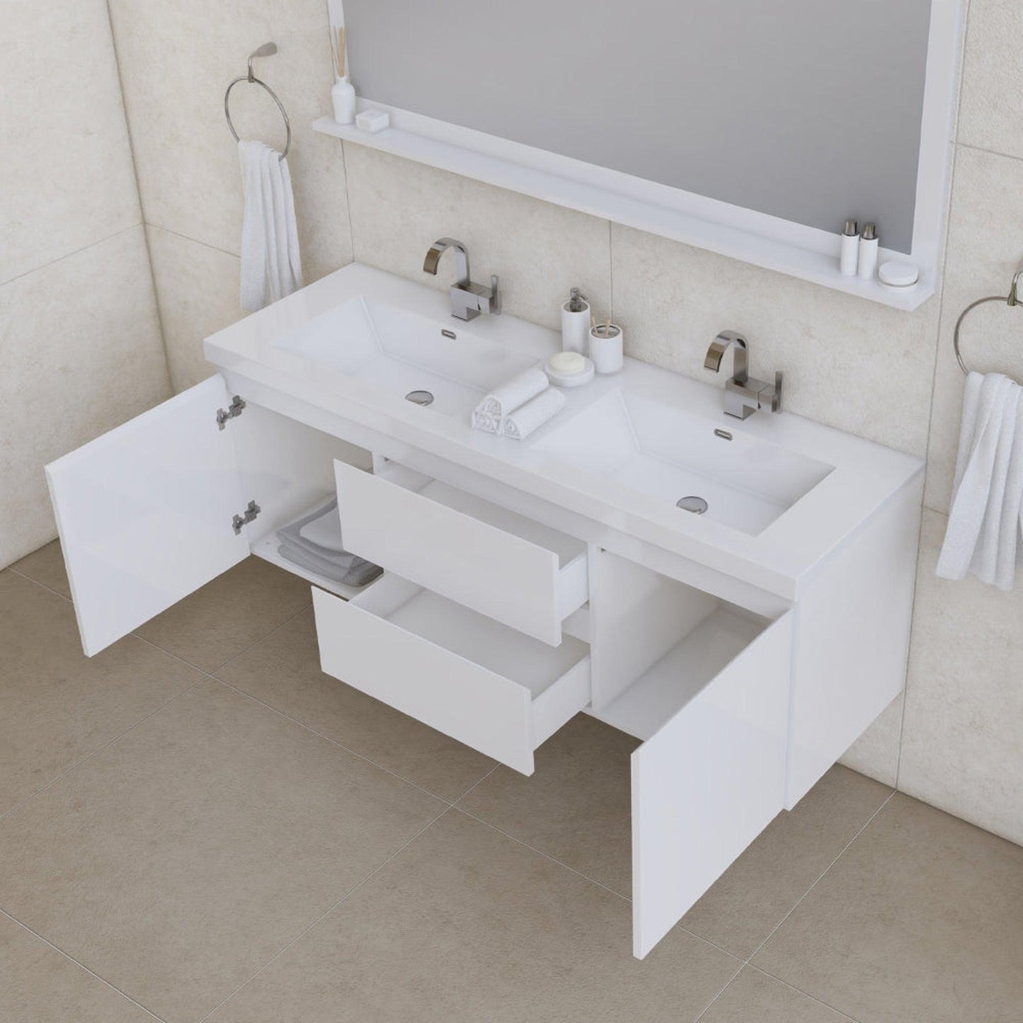 Alya Bath Paterno 60" Double White Modern Wall Mounted  Bathroom Vanity With Acrylic Top and Integrated Sink - AB-MOF60D-W