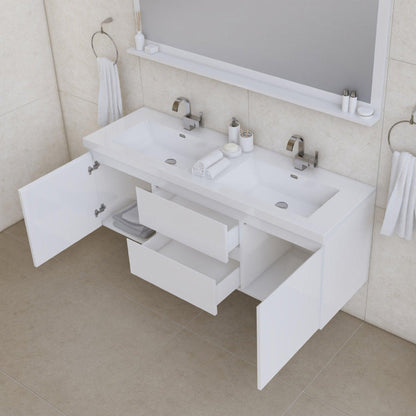 Alya Bath Paterno 60" Double White Modern Wall Mounted  Bathroom Vanity With Acrylic Top and Integrated Sink - AB-MOF60D-W