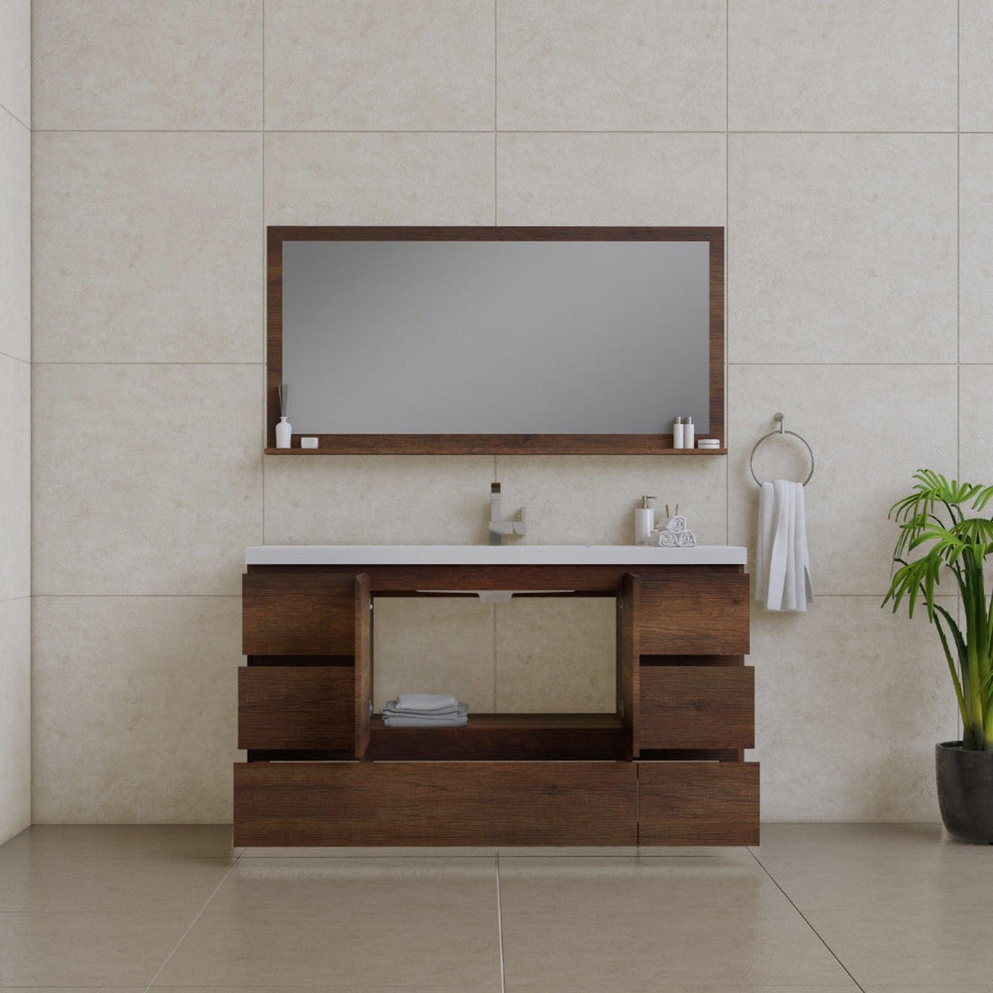 Alya Bath Paterno 60" Single Rosewood Modern Freestanding  Bathroom Vanity With Acrylic Top and Integrated Sink - AB-MOA60S-RW